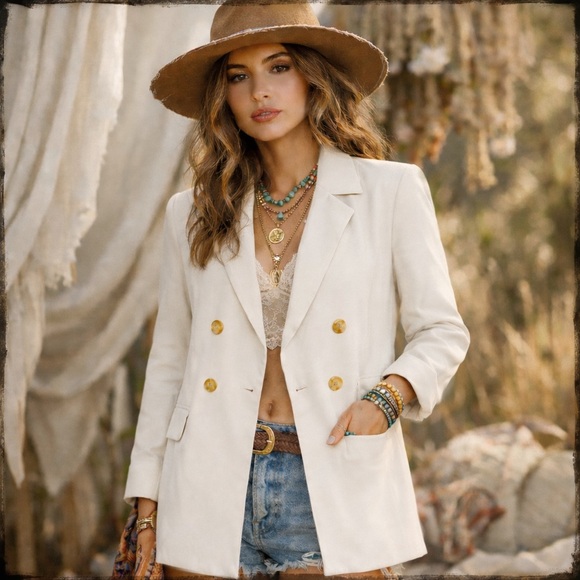 Free People Olivia Double Breasted Oversized Relaxed Fit Blazer Ivory Small - Picture 1 of 9